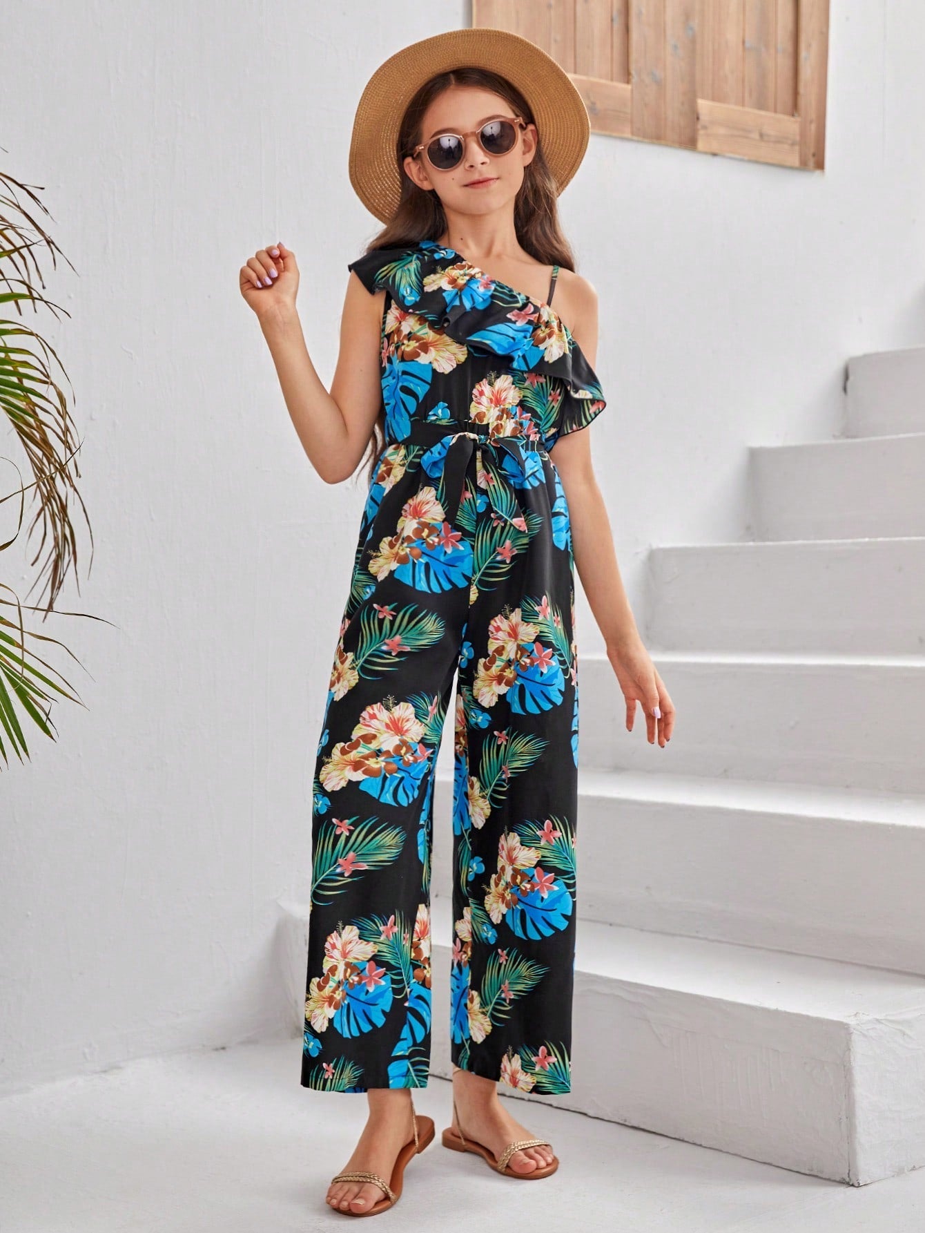 Boho Tropical Print Sleeveless Wide Leg Jumpsuit for Tween Girls - Beach Vacation Ready