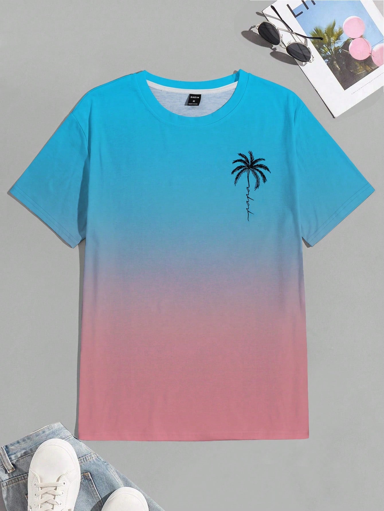 Men's Casual Tropical Palm Tree Print Short Sleeve Round Neck T-Shirt