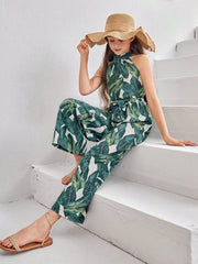 Boho Tween Girl Sleeveless Halterneck Jumpsuit - All Over Print, High Waist, Wide Leg