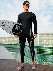 Men's High Neck Long Sleeve Swimsuit - Contrast Binding, High Stretch Fabric