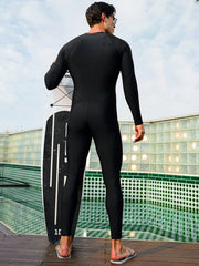 Men's High Neck Long Sleeve Swimsuit - Contrast Binding, High Stretch Fabric