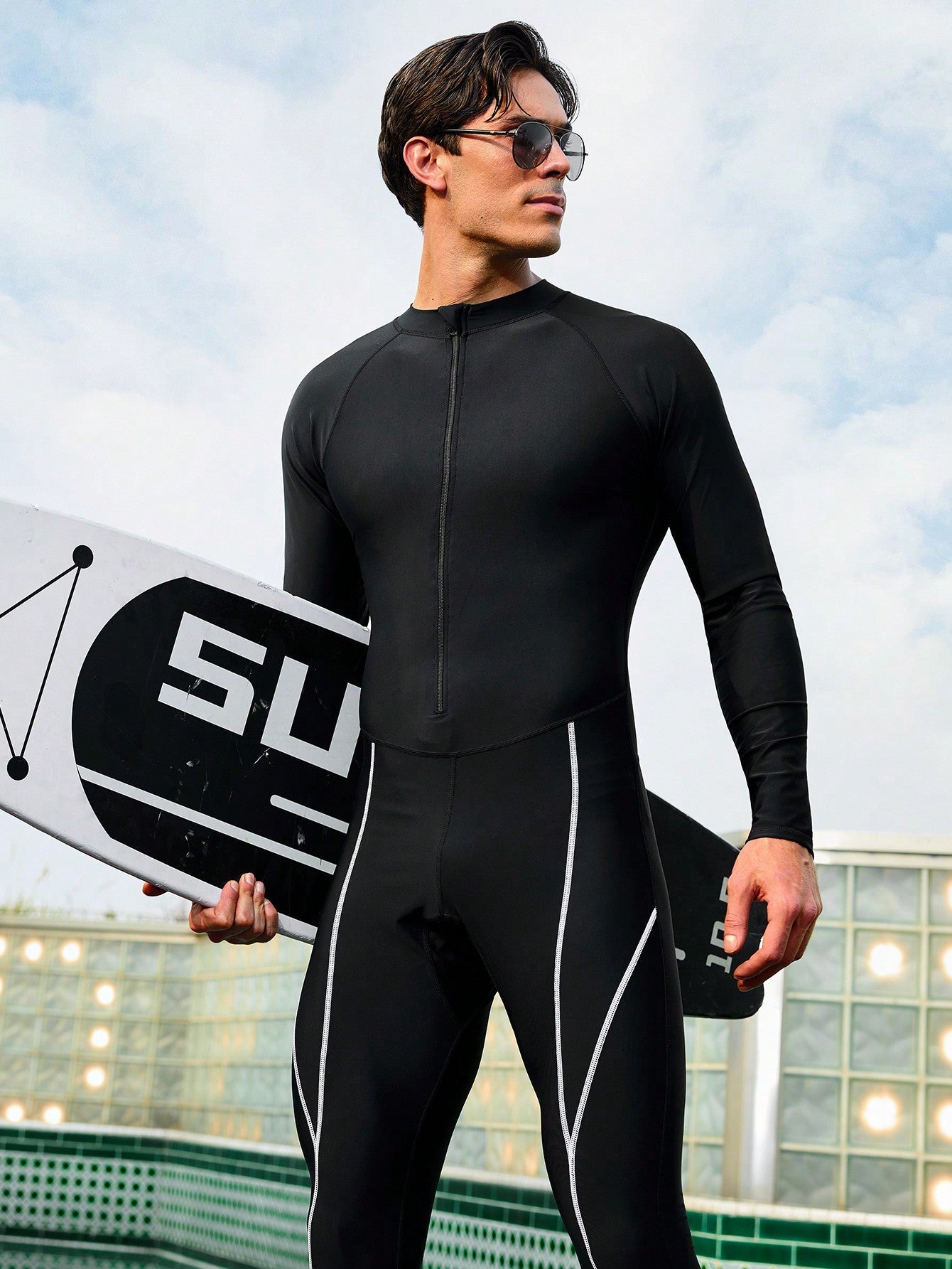 Men's High Neck Long Sleeve Swimsuit - Contrast Binding, High Stretch Fabric