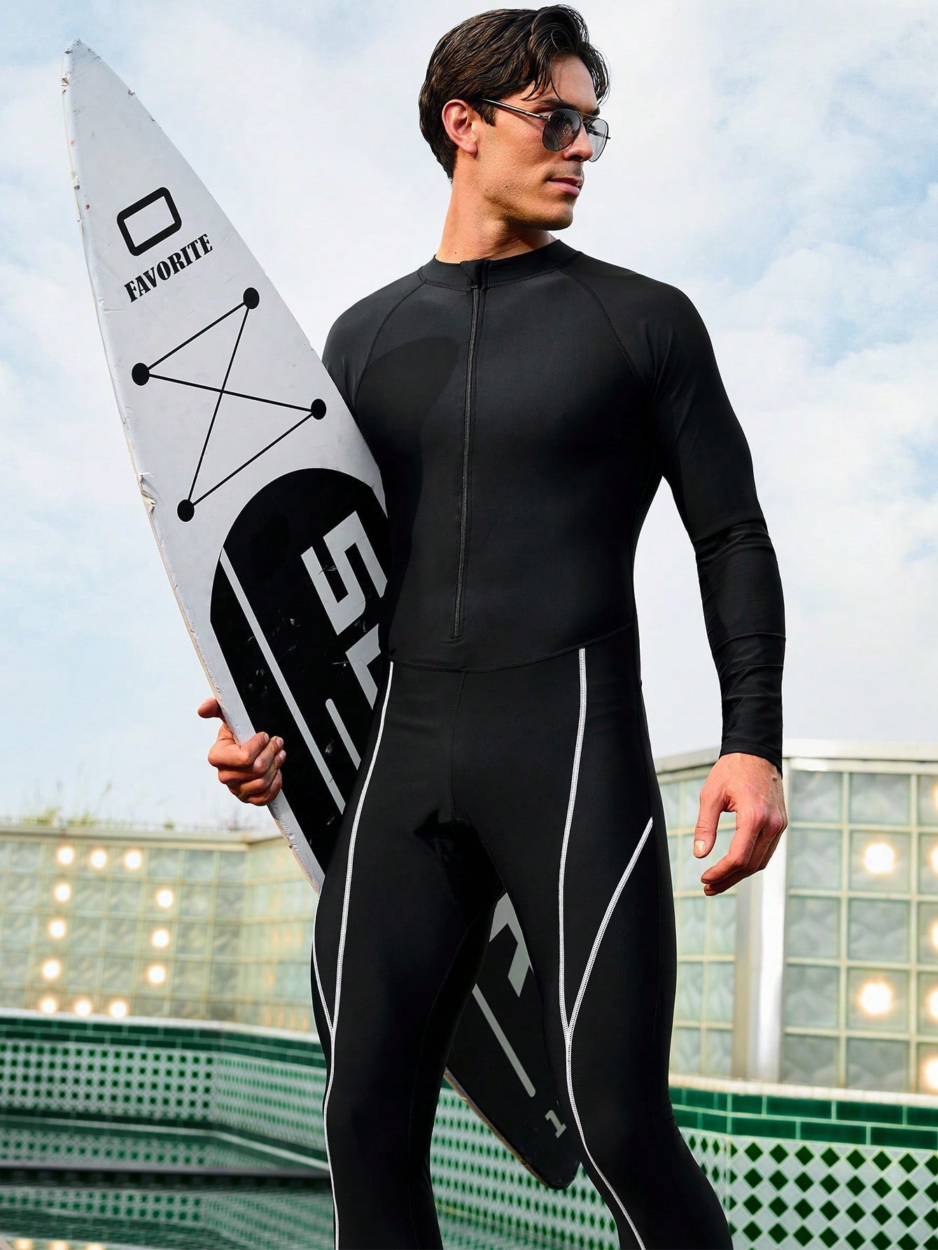 Men's High Neck Long Sleeve Swimsuit - Contrast Binding, High Stretch Fabric