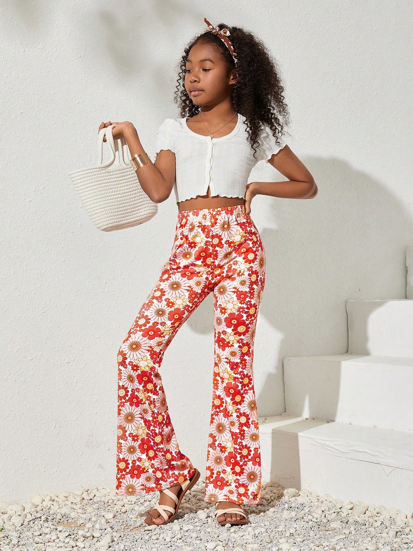 Boho Floral Flared Knit Pants for Tween Girls - Elastic Waist, Spring/Summer Style