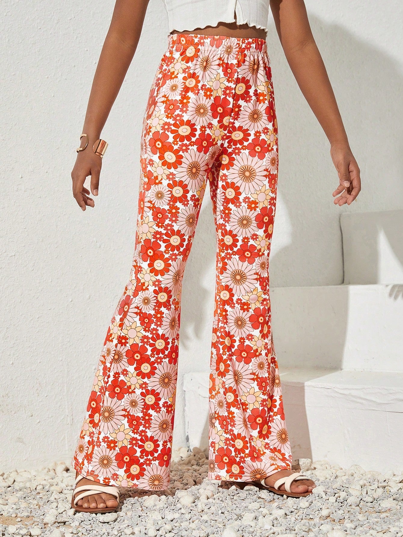 Boho Floral Flared Knit Pants for Tween Girls - Elastic Waist, Spring/Summer Style