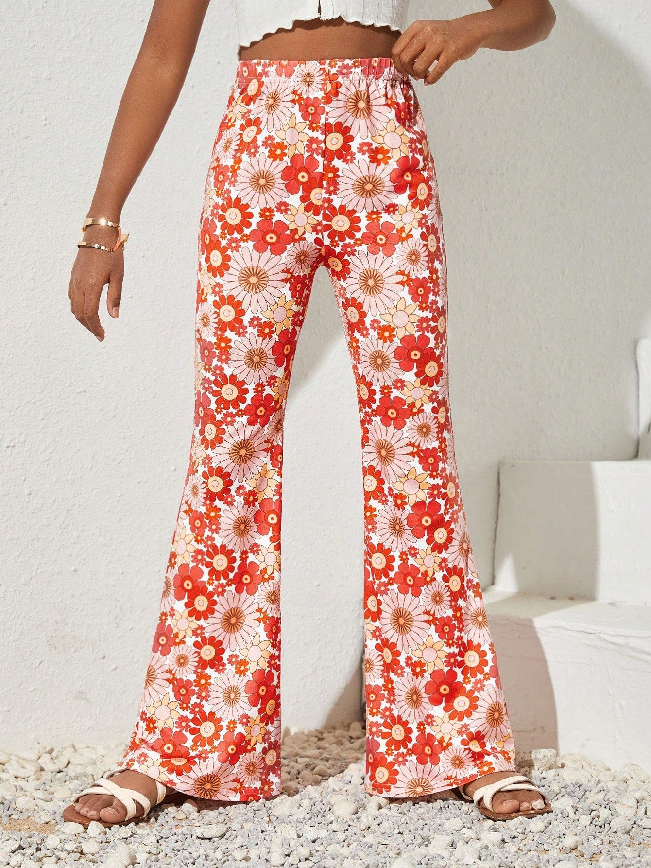 Boho Floral Flared Knit Pants for Tween Girls - Elastic Waist, Spring/Summer Style