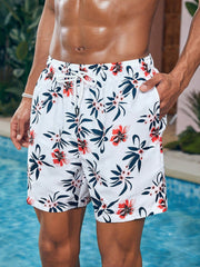 Unisex Boho Tropical Floral Beach Shorts with Drawstring & Pockets - 100% Polyester