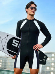 Men's High Stretch Color-Block Long Sleeve Zipper Swimsuit with Shorts