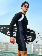 Men's High Stretch Color-Block Long Sleeve Zipper Swimsuit with Shorts