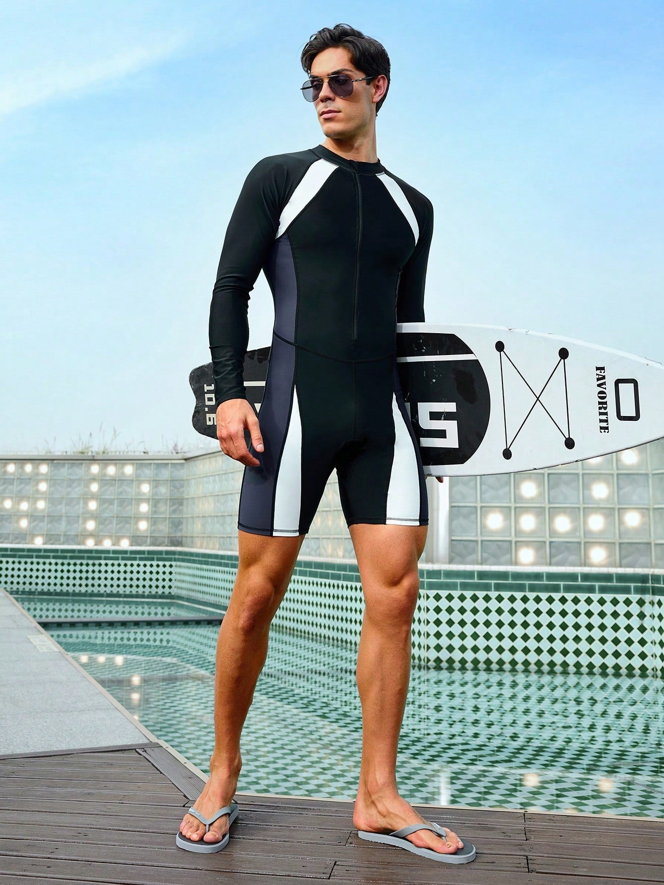 Men's High Stretch Color-Block Long Sleeve Zipper Swimsuit with Shorts