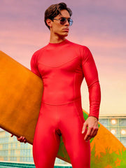 Men's High Neck Long Sleeve Swimsuit - Tight-Fit, High Stretch, Full Body, Plain Pattern