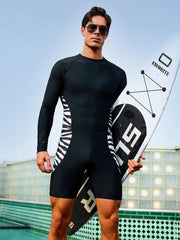 Men's High Neck Zebra Stripe Surfing One-Piece Swimsuit, High Stretch, Short Sleeve