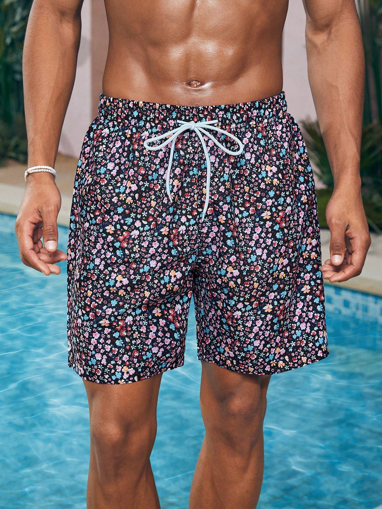 Boho Unisex Floral Beach Shorts with Drawstring Waist and Pockets - 100% Polyester