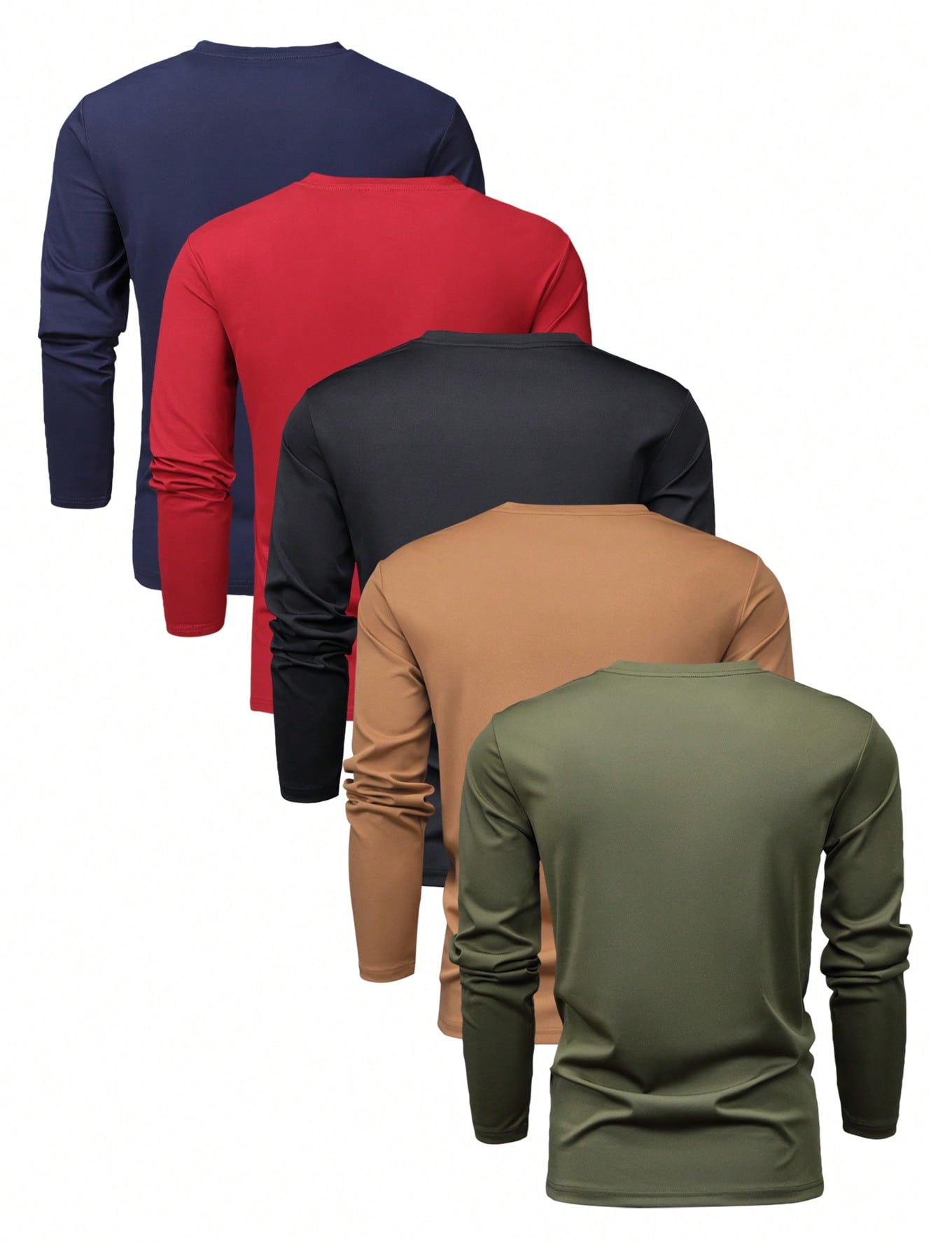 5pcs Men's Regular Fit Long Sleeve T-Shirts, Basic Solid Color, Casual/Sports/Outdoor