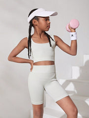 Tween Girl Athletic Set - Seamless Knitted Jacquard, U Neck, High Waist, Slim Fit