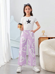 Tween Girls' High Waist Heart Print Wide Leg Pants - Casual, Zipper Fly, Pockets