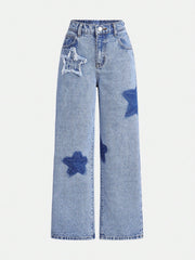 Tween Girls' Starry Pattern Straight-Leg Jeans - Geometric, Zipper Fly, Non-Stretch Denim