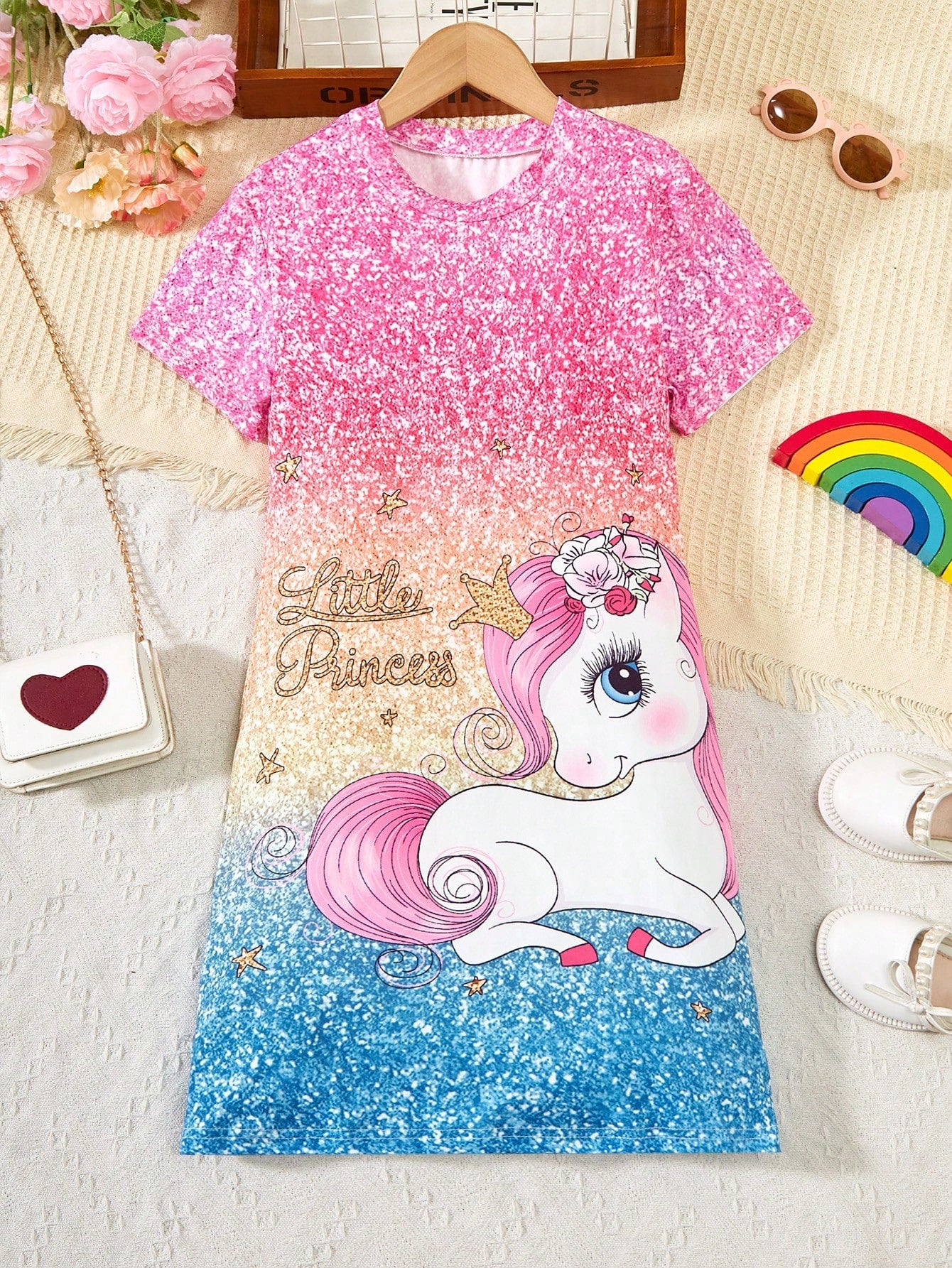 Tween Girl Ombre Unicorn & Letter Print Knitted Midi Dress - Casual Style, Short Sleeve