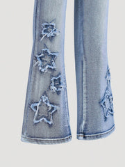 Tween Girls' Floral Bell Bottoms - Stretchy Denim, Embroidered Stars, Zipper Fly