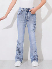 Tween Girls' Floral Bell Bottoms - Stretchy Denim, Embroidered Stars, Zipper Fly