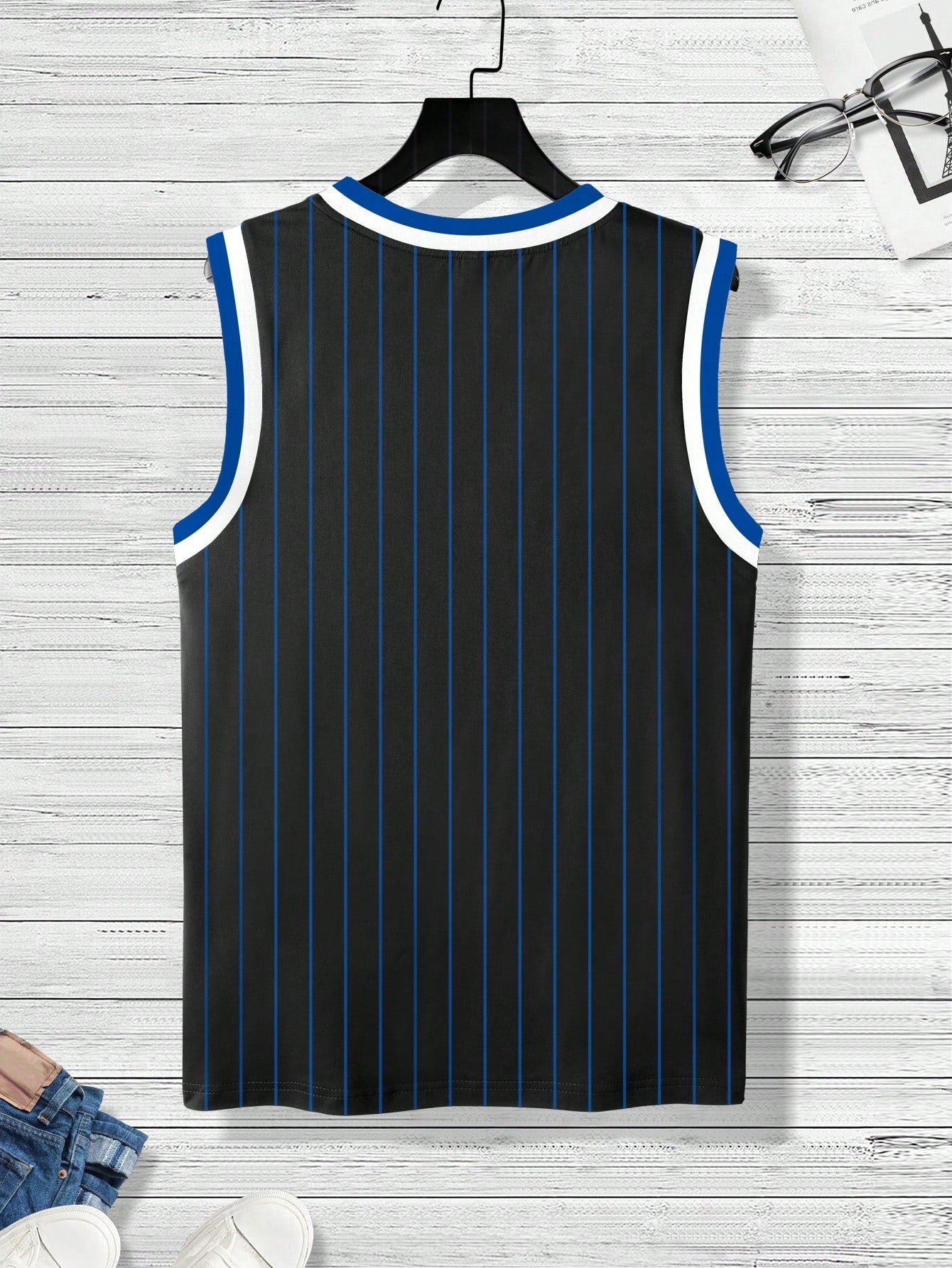 Men's Casual Striped Sleeveless Top with Letter & Number Print, Round Neck