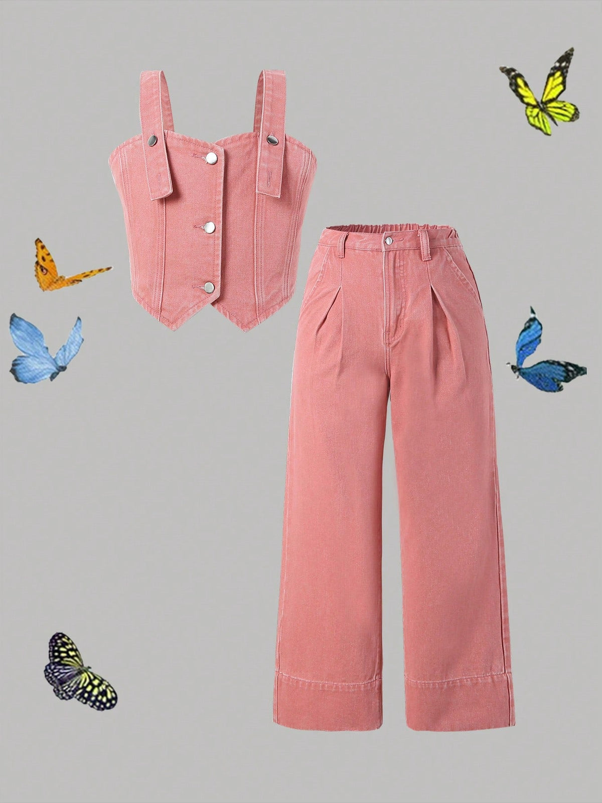 Tween Girl Dopamine Pink Denim Vest & Wide Leg Jeans Set - Casual, Zipper, Machine Washable