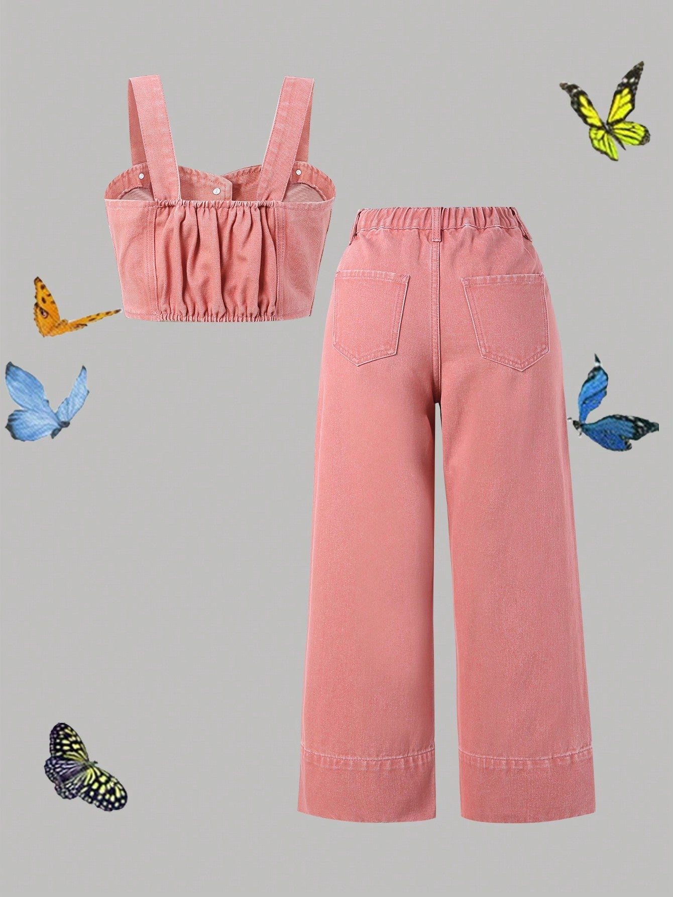 Tween Girl Dopamine Pink Denim Vest & Wide Leg Jeans Set - Casual, Zipper, Machine Washable