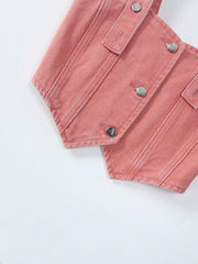 Tween Girl Dopamine Pink Denim Vest & Wide Leg Jeans Set - Casual, Zipper, Machine Washable