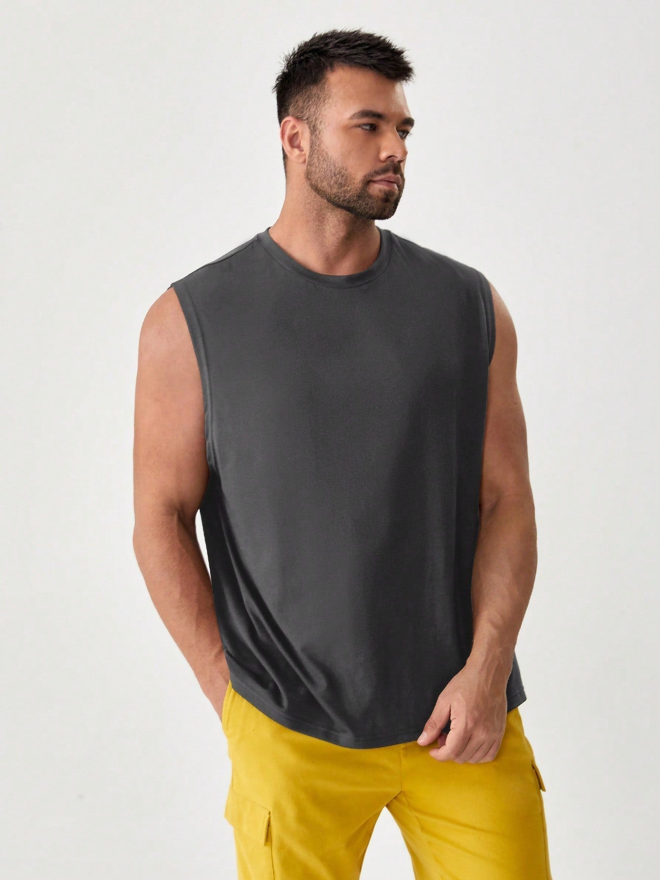 Men's Casual Solid Sleeveless Tank Top, Round Neck, Slight Stretch Fabric