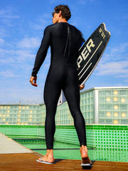 Men's Black One Piece Swimsuit - Letter Print, Raglan Sleeves, High Stretch Fabric