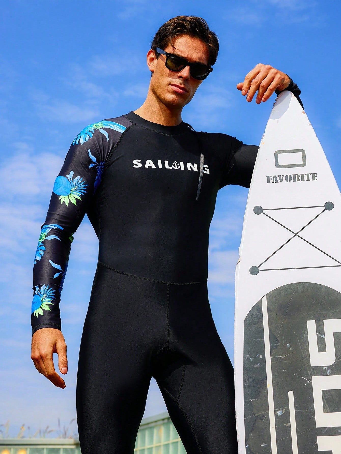 Men's Black One Piece Swimsuit - Letter Print, Raglan Sleeves, High Stretch Fabric