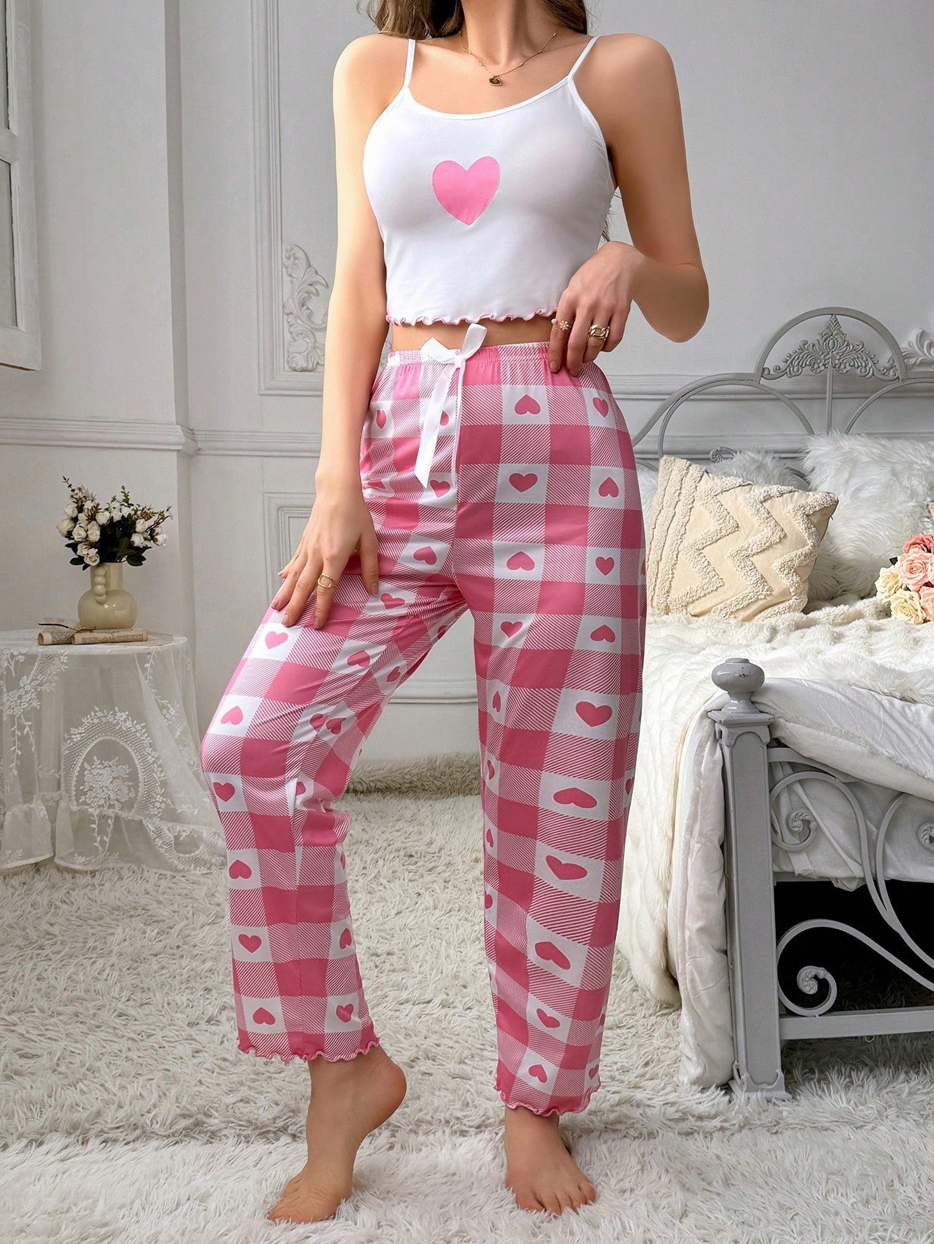 Women's Heart Printed Spaghetti Straps & Plaid Pants Pajama Set