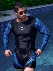 Men's High Neck Graphic Print Swimsuit, Long Sleeve, Zipper, High Stretch Fabric