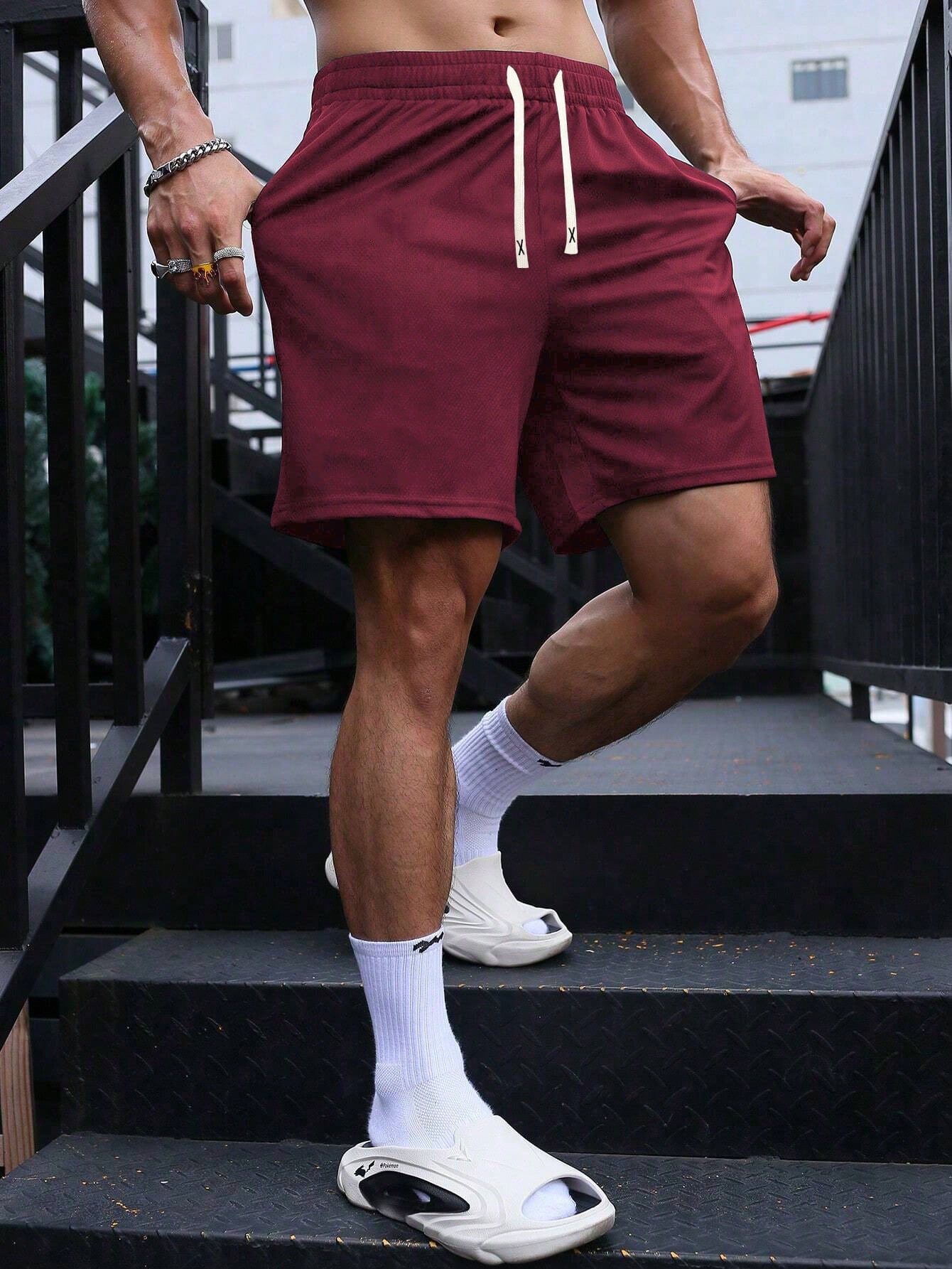 Men's Casual Fitness Running Shorts - Solid Color, Drawstring, Pockets, Polyester