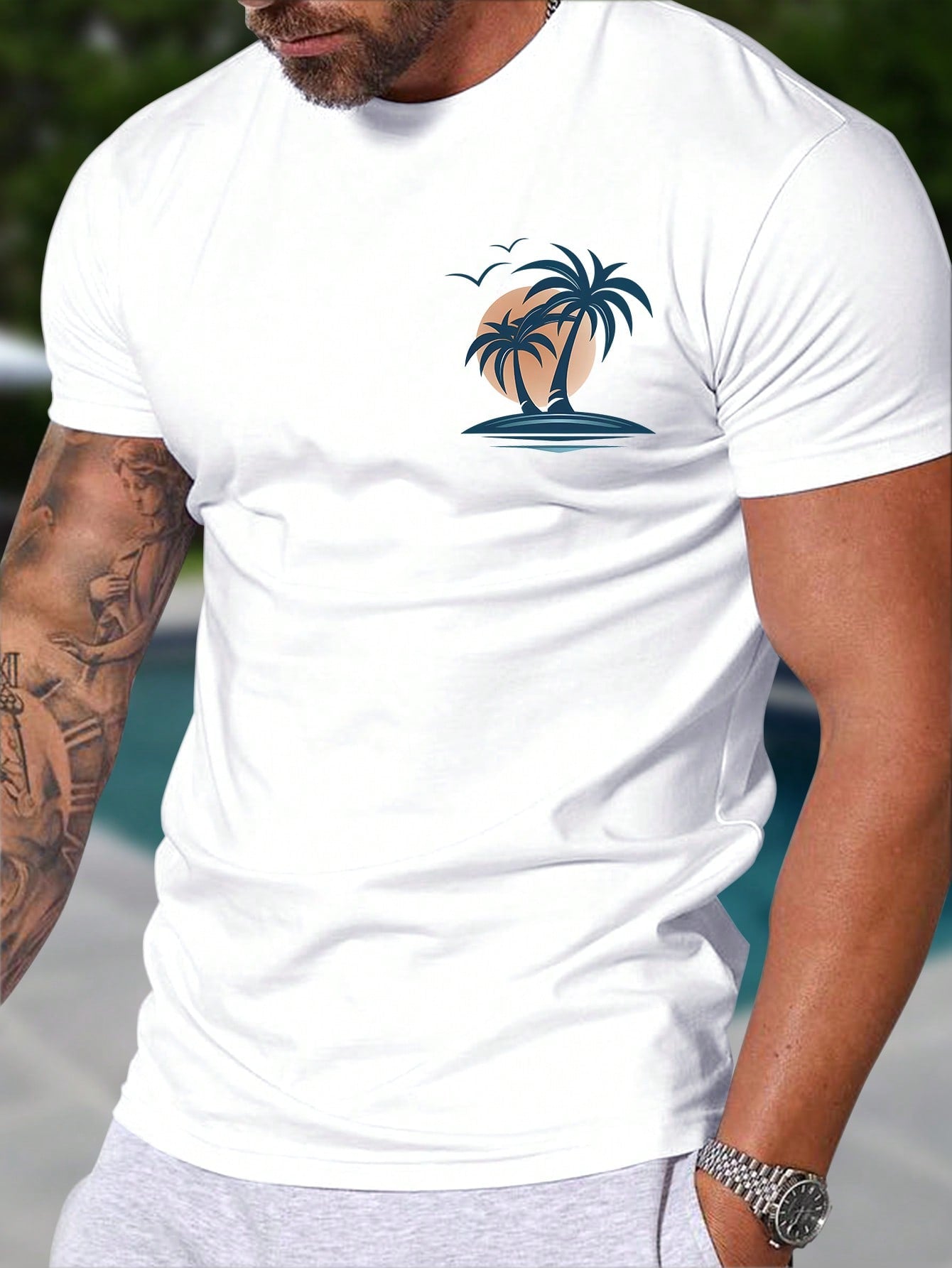 Men's Tropical Coconut Tree Slim Fit Summer T-Shirt, Short Sleeve, Casual