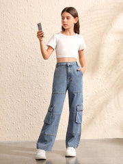 Tween Girl Light Wash Elastic Waist Cargo Jeans - Straight Leg, Zipper Fly, Flat Pockets