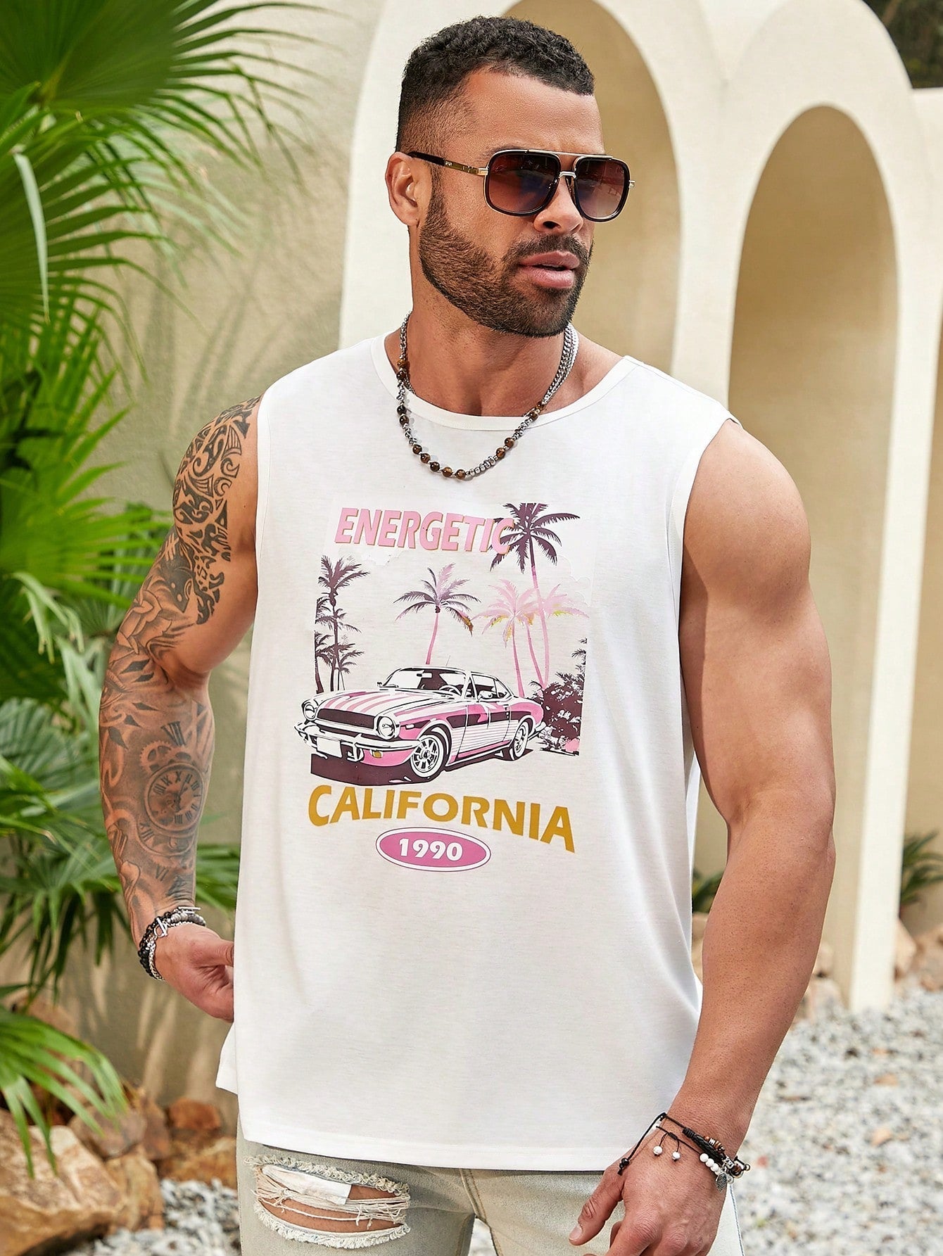 Men's Plus Size Tropical Print Sleeveless Tank Top - Casual, Round Neck, Knitted Fabric