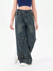 Tween Girl Blue Denim Star Jeans, Frayed Hem, Wide-Leg, Elastic Waist, Ripped Details