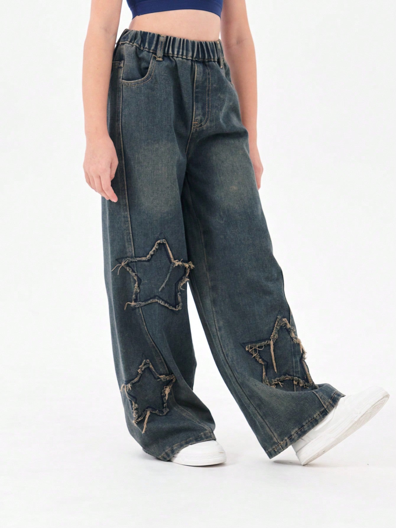 Tween Girl Blue Denim Star Jeans, Frayed Hem, Wide-Leg, Elastic Waist, Ripped Details