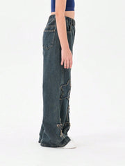 Tween Girl Blue Denim Star Jeans, Frayed Hem, Wide-Leg, Elastic Waist, Ripped Details