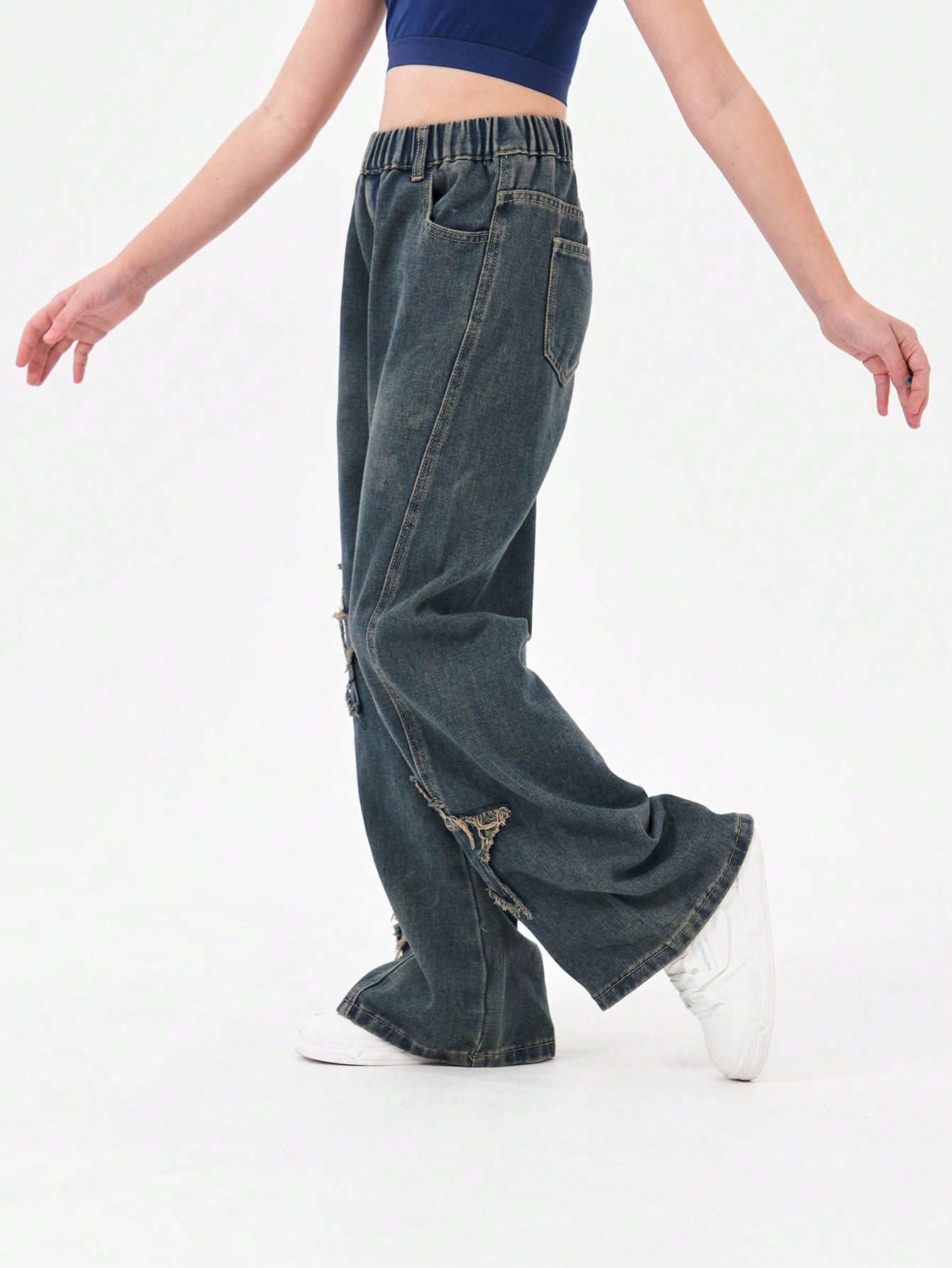 Tween Girl Blue Denim Star Jeans, Frayed Hem, Wide-Leg, Elastic Waist, Ripped Details