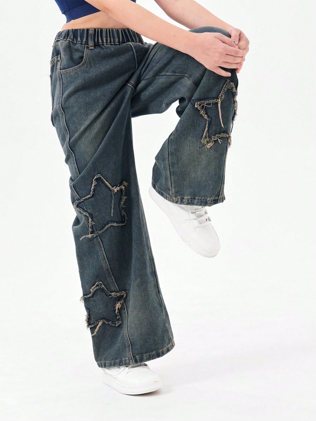 Tween Girl Blue Denim Star Jeans, Frayed Hem, Wide-Leg, Elastic Waist, Ripped Details