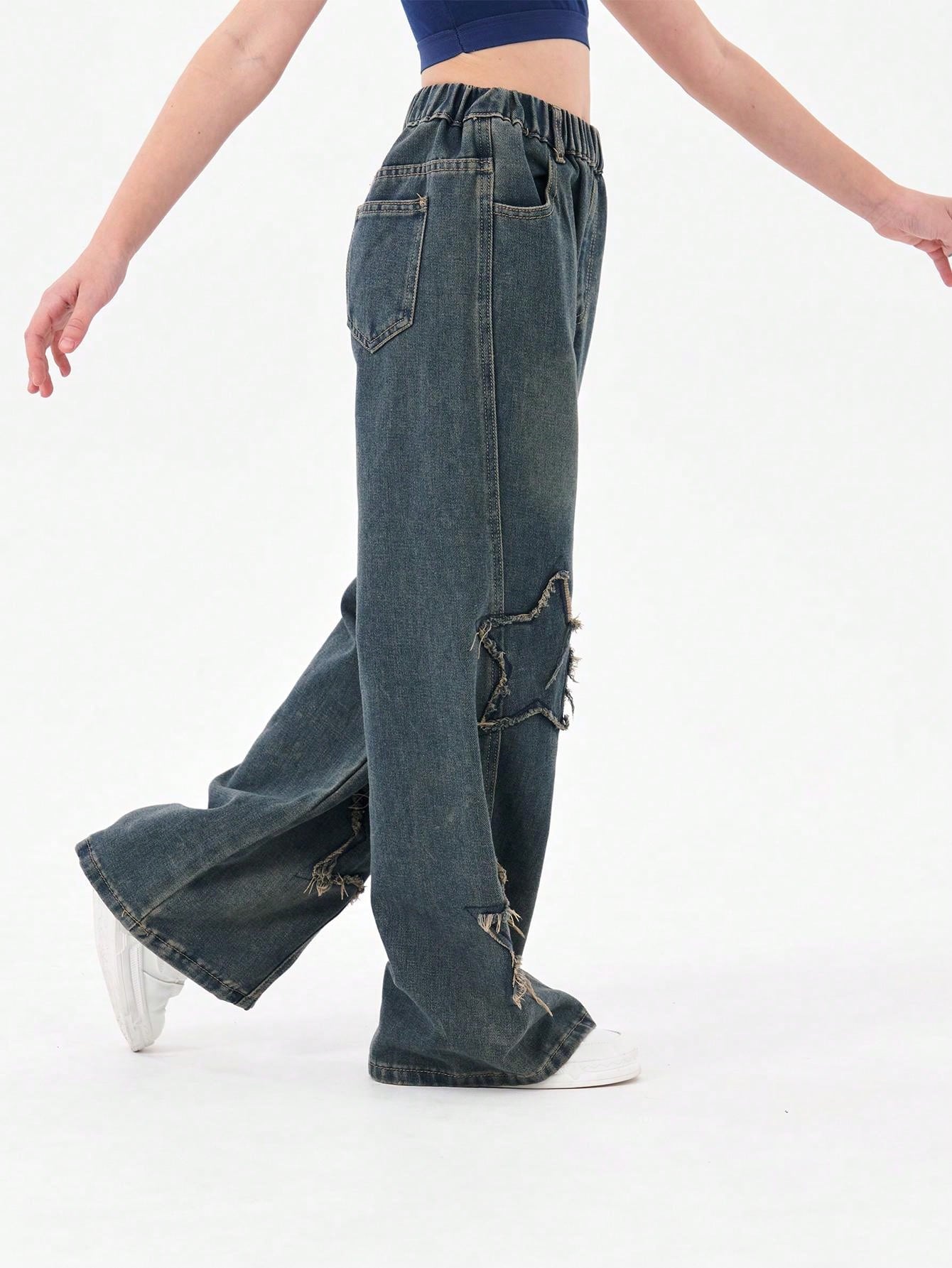 Tween Girl Blue Denim Star Jeans, Frayed Hem, Wide-Leg, Elastic Waist, Ripped Details