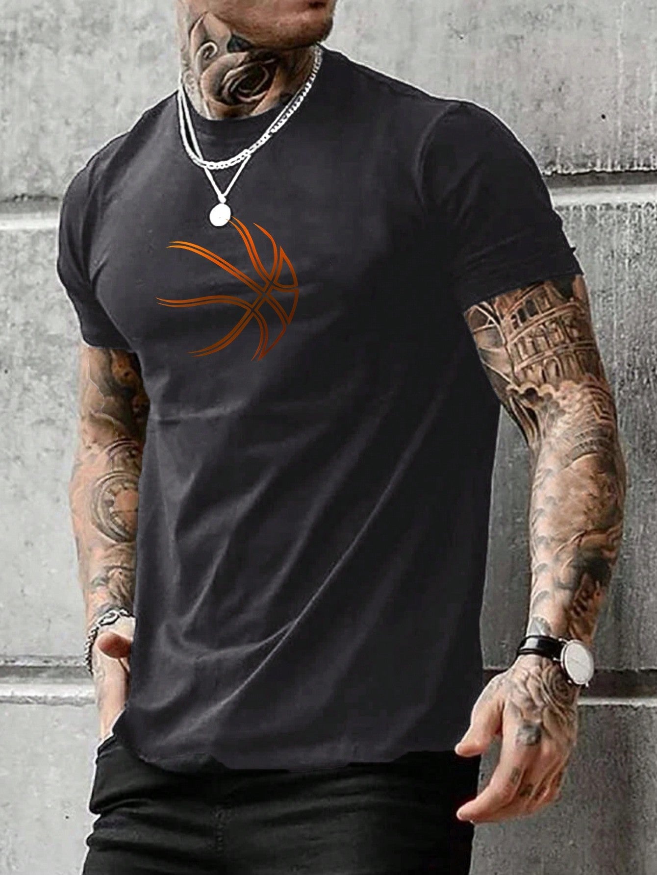 Men's Casual Basketball Graphic T-Shirt, Round Neck, Short Sleeve, Regular Fit