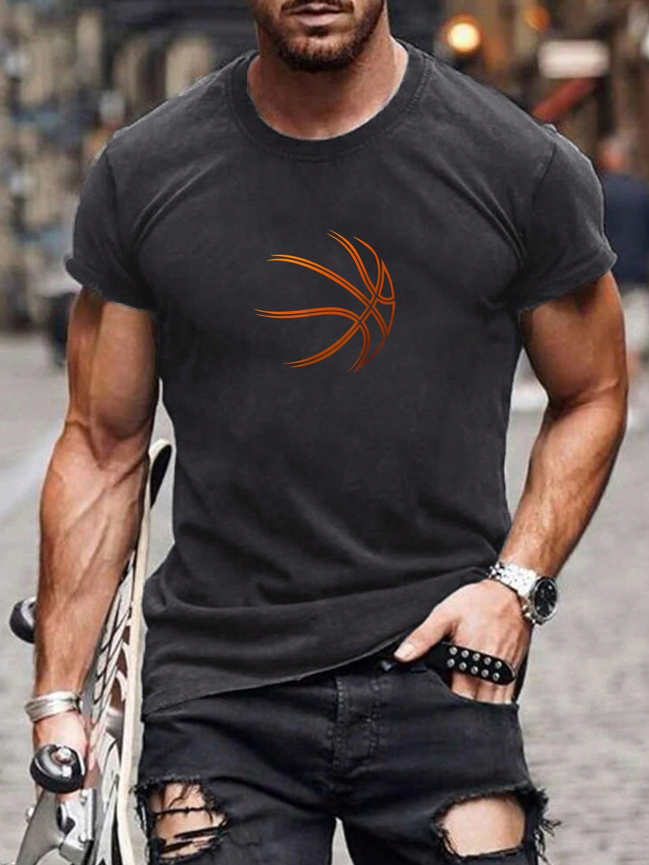 Men's Casual Basketball Graphic T-Shirt, Round Neck, Short Sleeve, Regular Fit