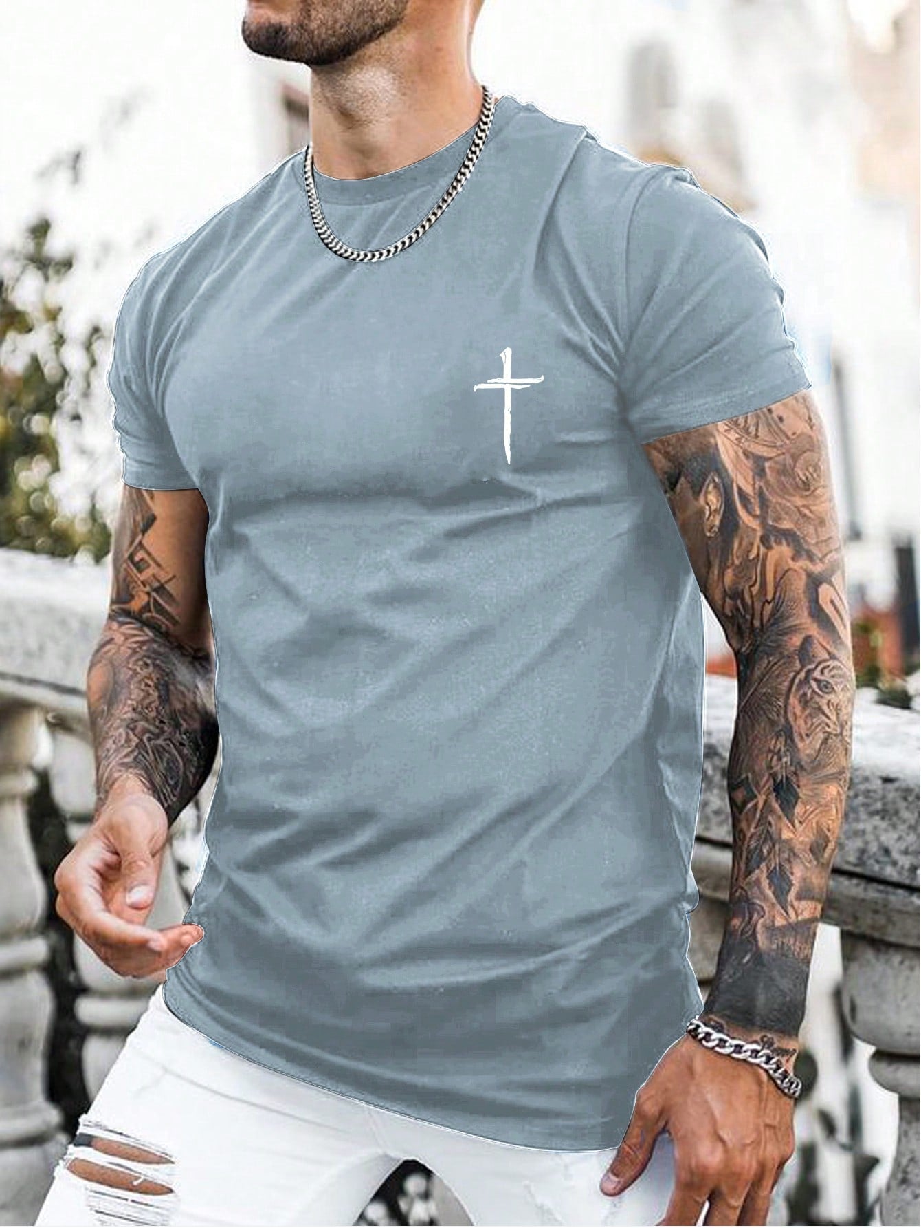 Men's Geometric Cross Print Casual Short Sleeve T-Shirt, Round Neck, Polyester