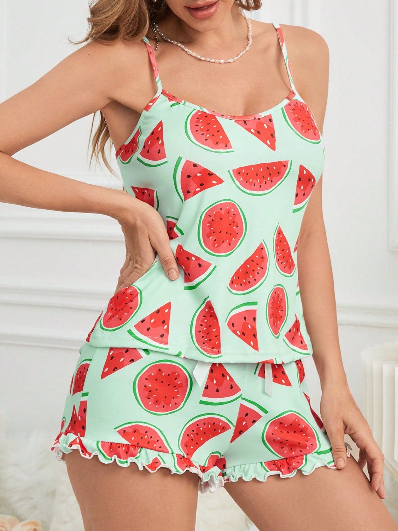 Women's Watermelon Print Camisole Tank Top And Shorts Pajama Set