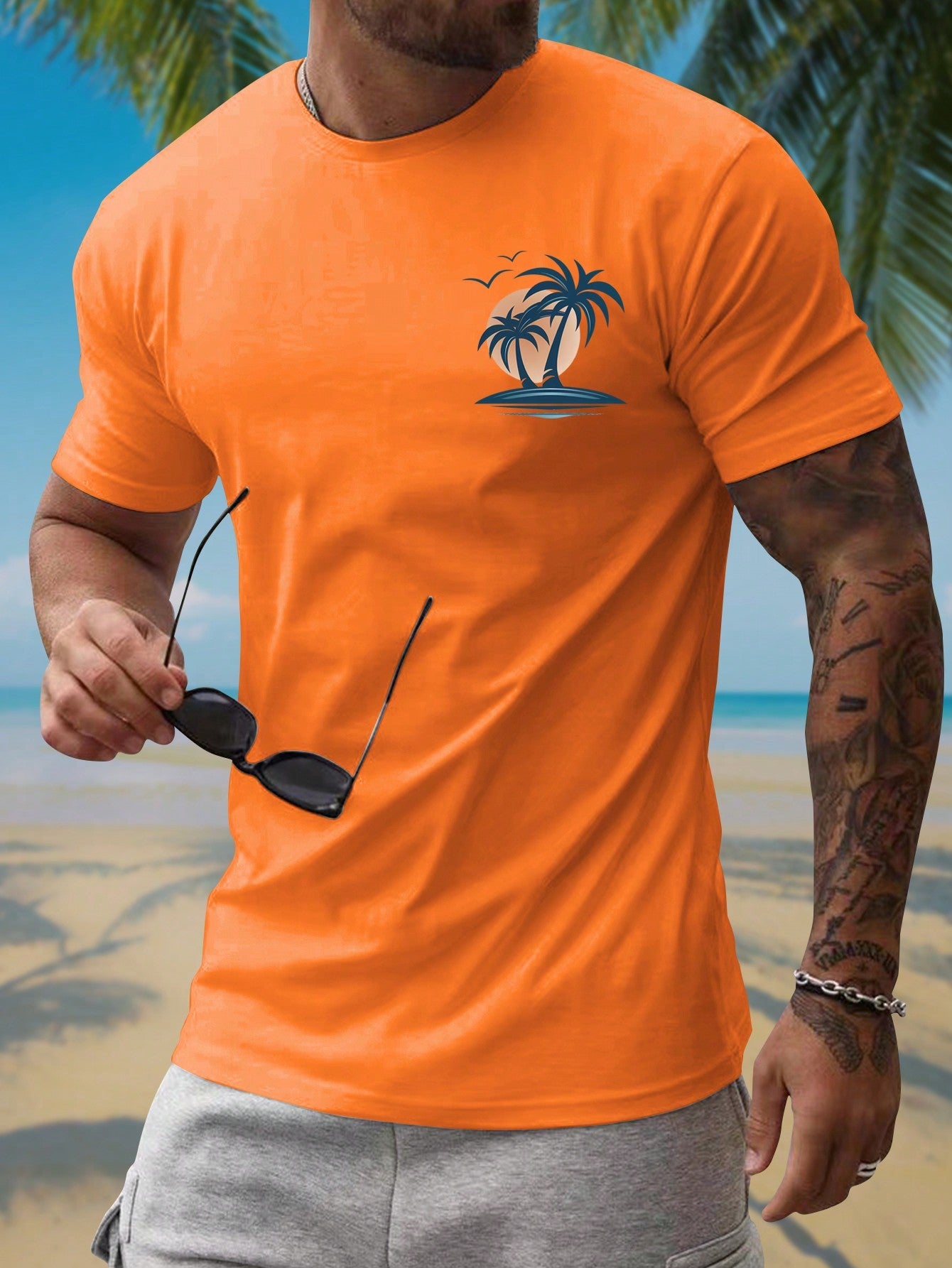 Men's Tropical Coconut Tree Slim Fit Summer T-Shirt, Short Sleeve, Casual