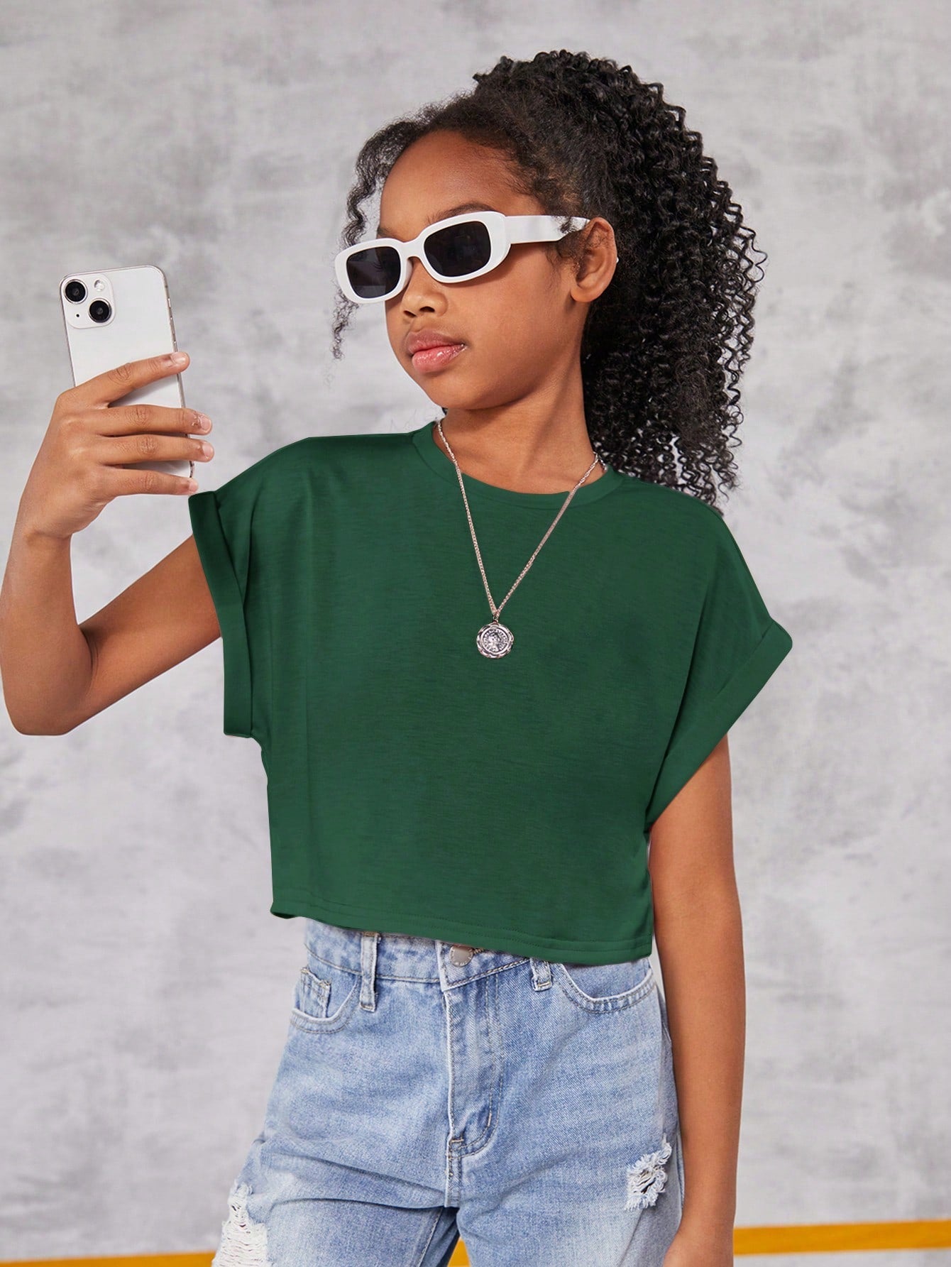 Tween Girl Casual Crop Top - Short Sleeves, Round Neck, Rolled Cuff, Solid Color