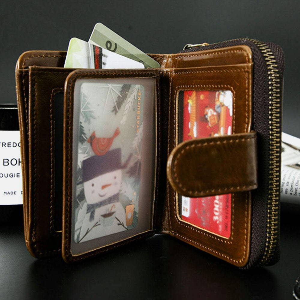 Men First Layer Cowhide Zipper Organ Card Holder Retro Multi-card Slot Case Driver's License Wallet Photo Album Hasp Money Clip